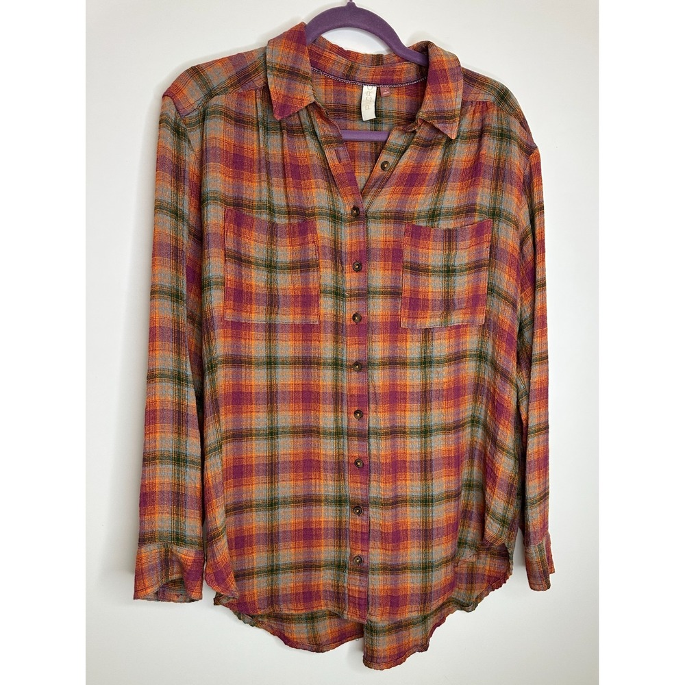 Pilcro Plaid Button Down Shirt Medium Long Sleeve Pockets Orange Purple Anthro - Picture 2 of 13